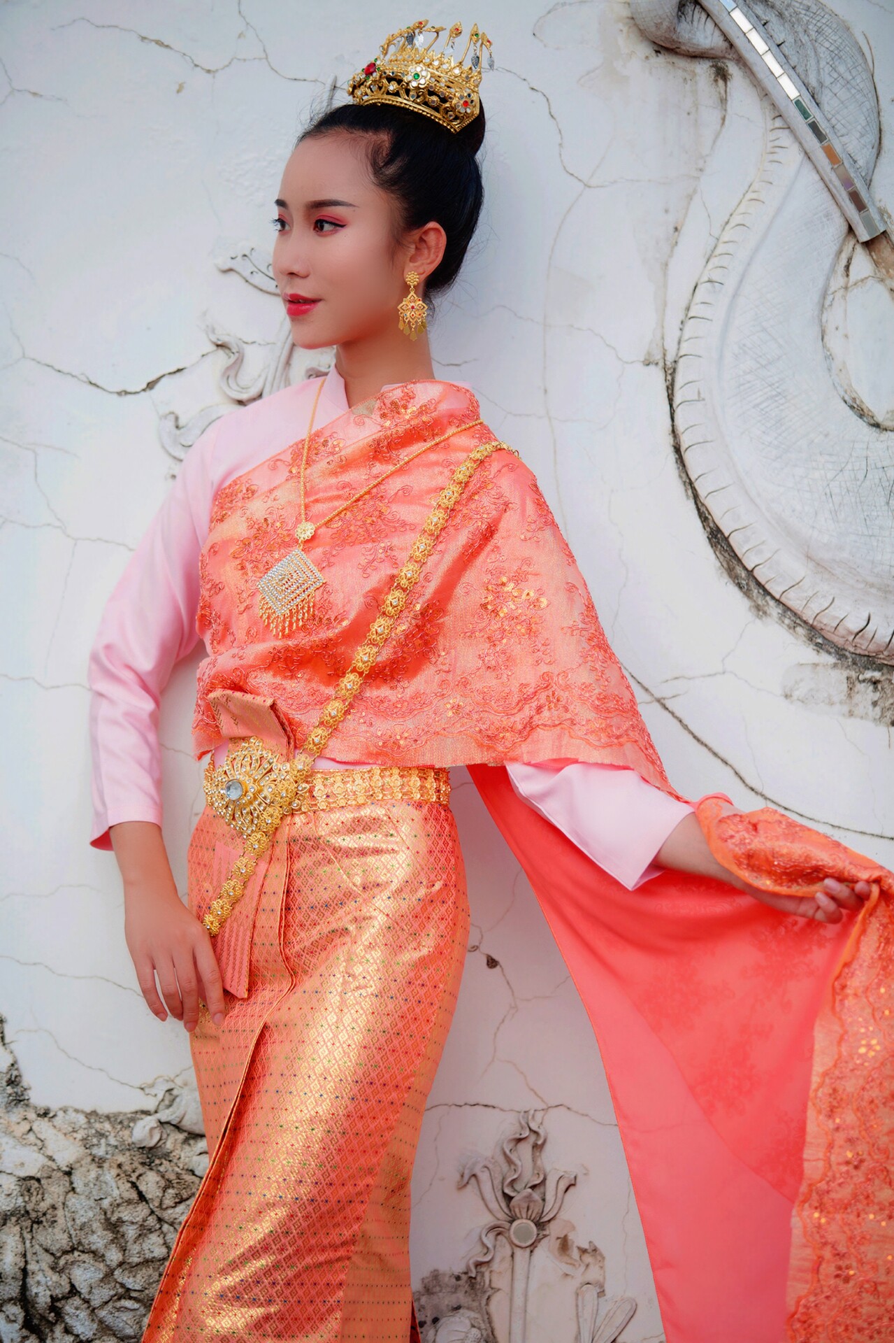 傣王妃服饰泰国传统女装装有披纱粉色秋季立领民族服装