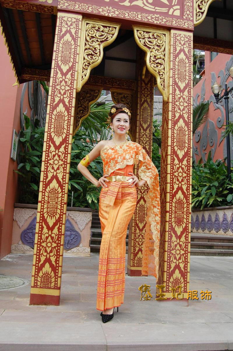 傣族服装泰国传统女装桔色无袖单肩披巾迎宾民族服装