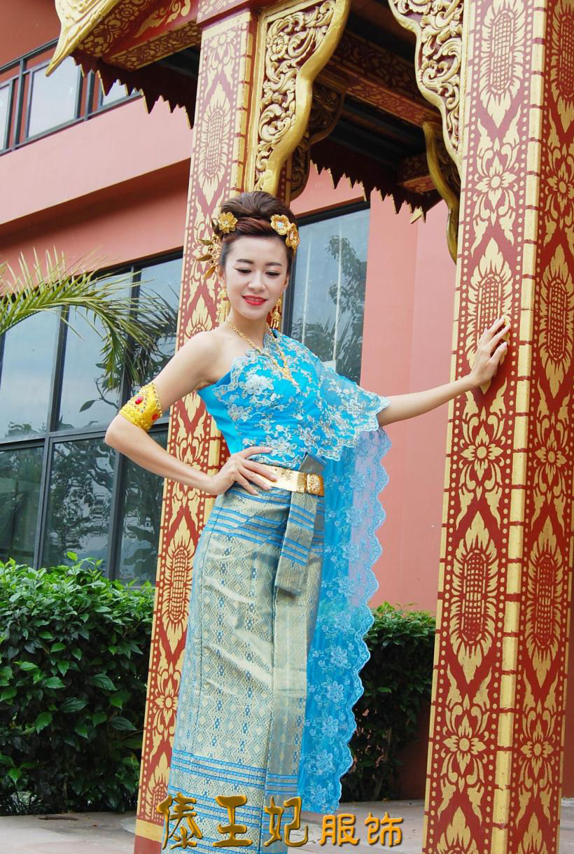泰式礼服女蓝色单肩有披纱泰国传统款式公司年会走秀服装特价迎宾