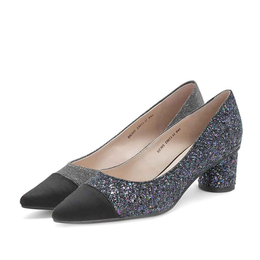 百丽女鞋2019春新商场同款低跟尖头优雅通勤休闲奶奶鞋t5t1daq9