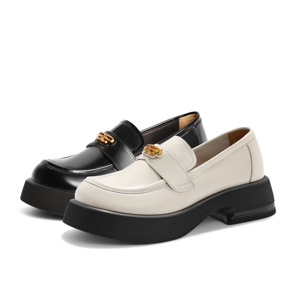 百丽厚底乐福鞋女2023春季黑色皮鞋新款女鞋乐福鞋(豆豆鞋)