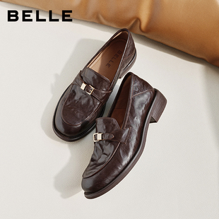 百丽抓皱羊皮乐福鞋女2026新款英伦风可踩脚皮鞋单鞋子F6W1DAA6