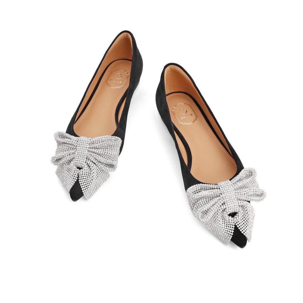 百丽尖头单鞋女2021新款水钻蝴蝶结甜美平底3kzd5cq1单鞋