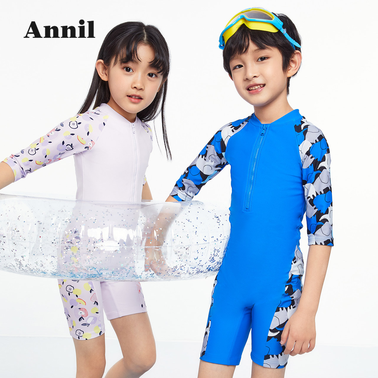 安奈儿男女童装短袖连体泳衣套装2022夏款清新泳衣裤