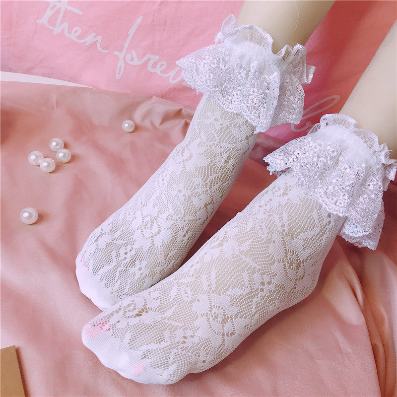 lo甜美蕾丝白色堆堆玫瑰花镂空lolita可爱花边中筒袜