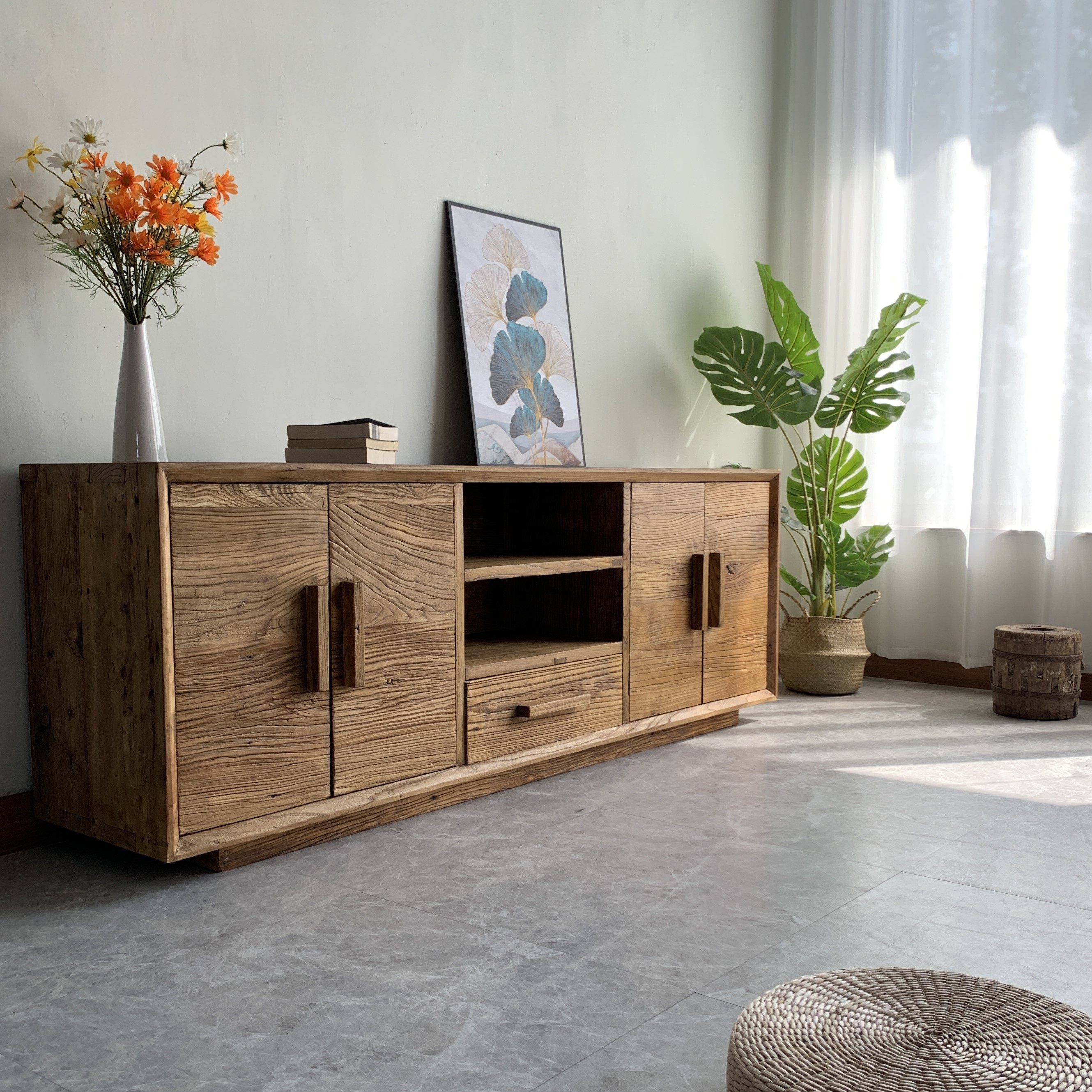 简约现代榆木电视柜客厅实木矮柜靠墙北欧欧风电视柜