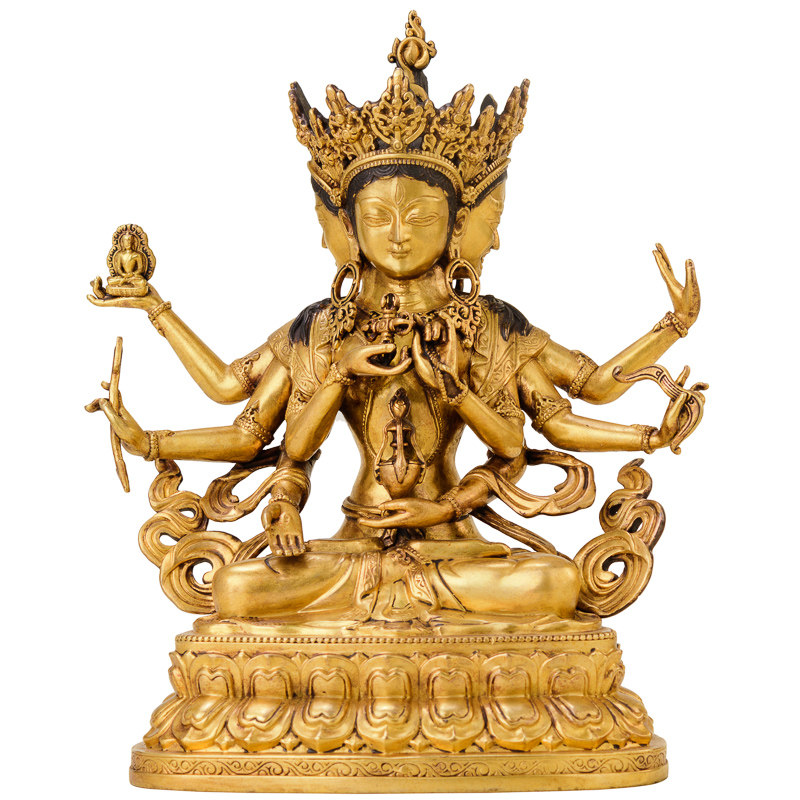 盛凡凡尊胜佛佛像黄铜鎏金密宗7寸三面八臂摆件