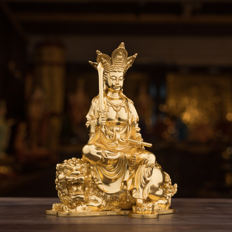 台湾盛凡文殊菩萨佛像贴金拿剑文殊普萨华严三摆件