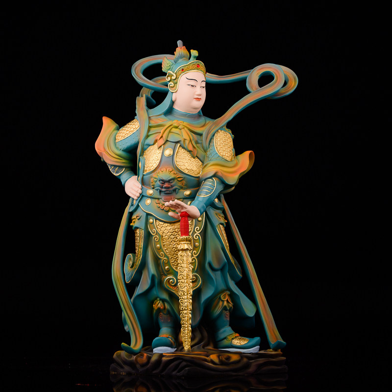 台湾盛凡韦陀伽蓝佛像铜贴金彩韦驮伽蓝菩萨左右护法关公供奉摆件