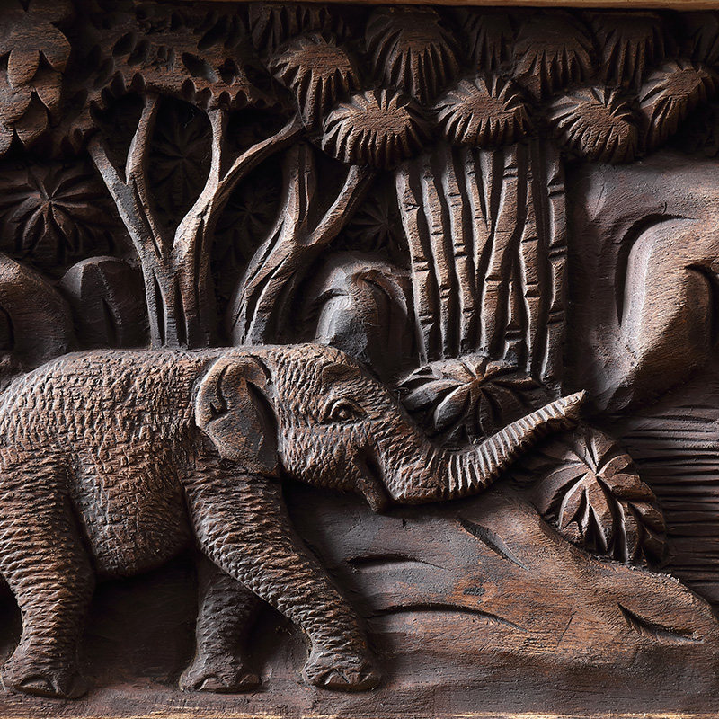 泰域东南亚柚木浮雕大象壁饰泰式会所客厅别墅壁饰