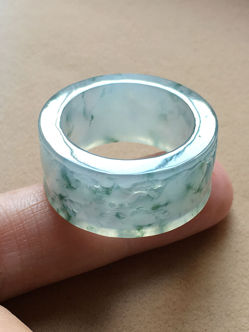 缅甸翡翠冰种兰花山水文玩扳指男款22mma精雕戒指