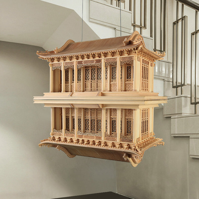 境泉 卷棚歇山顶吊饰 中式禅意古建筑模型成品木质手工艺拼装饰品