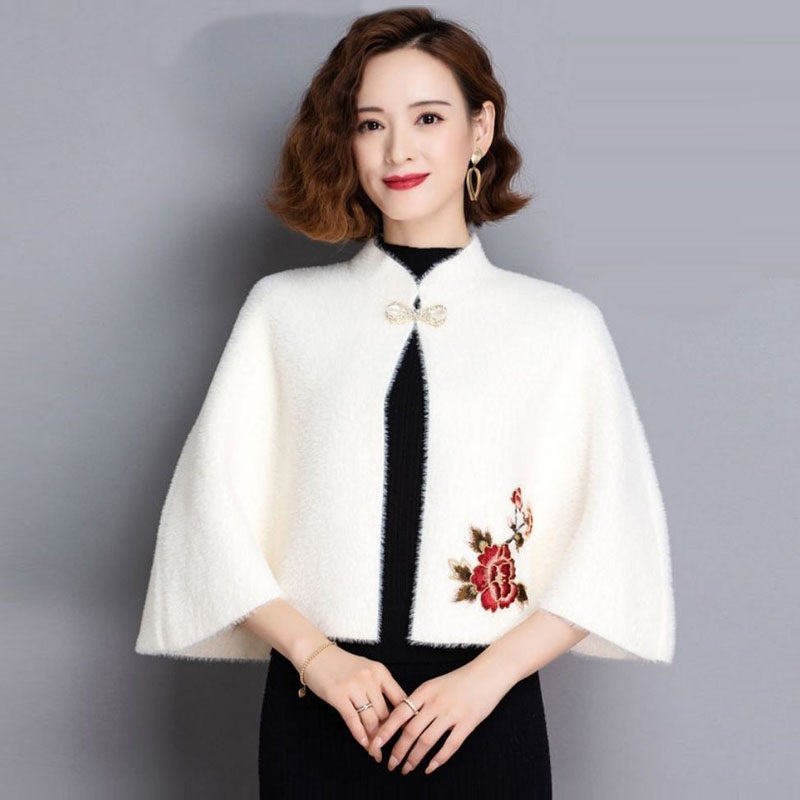 民族风水貂刺绣斗篷小外外套蝙蝠型气质旗袍披肩毛针织衫