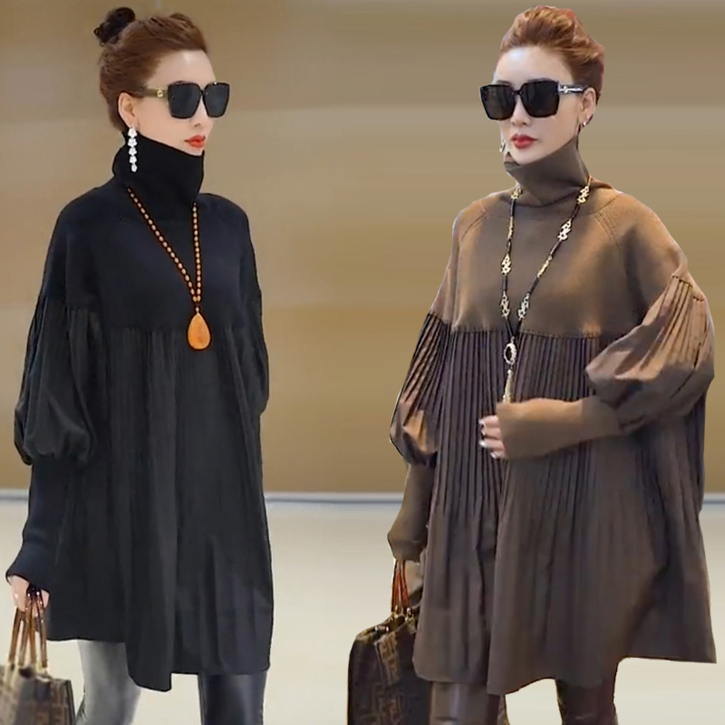 秋冬季大码灯笼袖套头针织衫女针织裙中长款拼接高领毛衣女打底衫