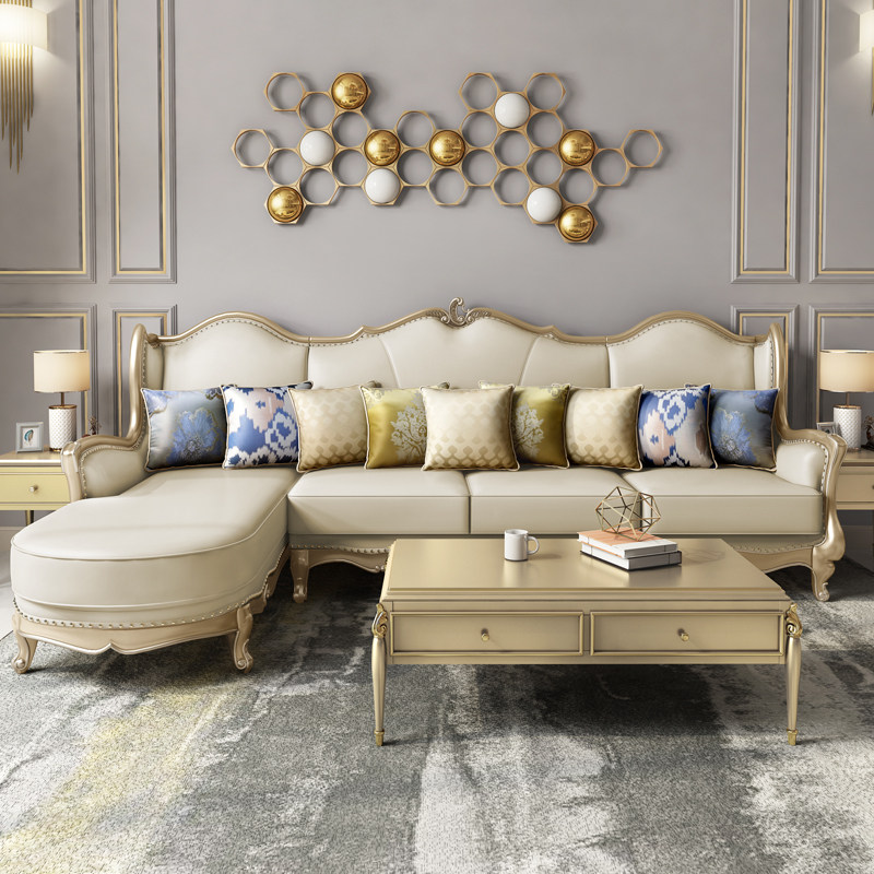 美式实木沙发欧式客厅高档别墅真皮转角贵妃轻奢沙发奢华金色家具