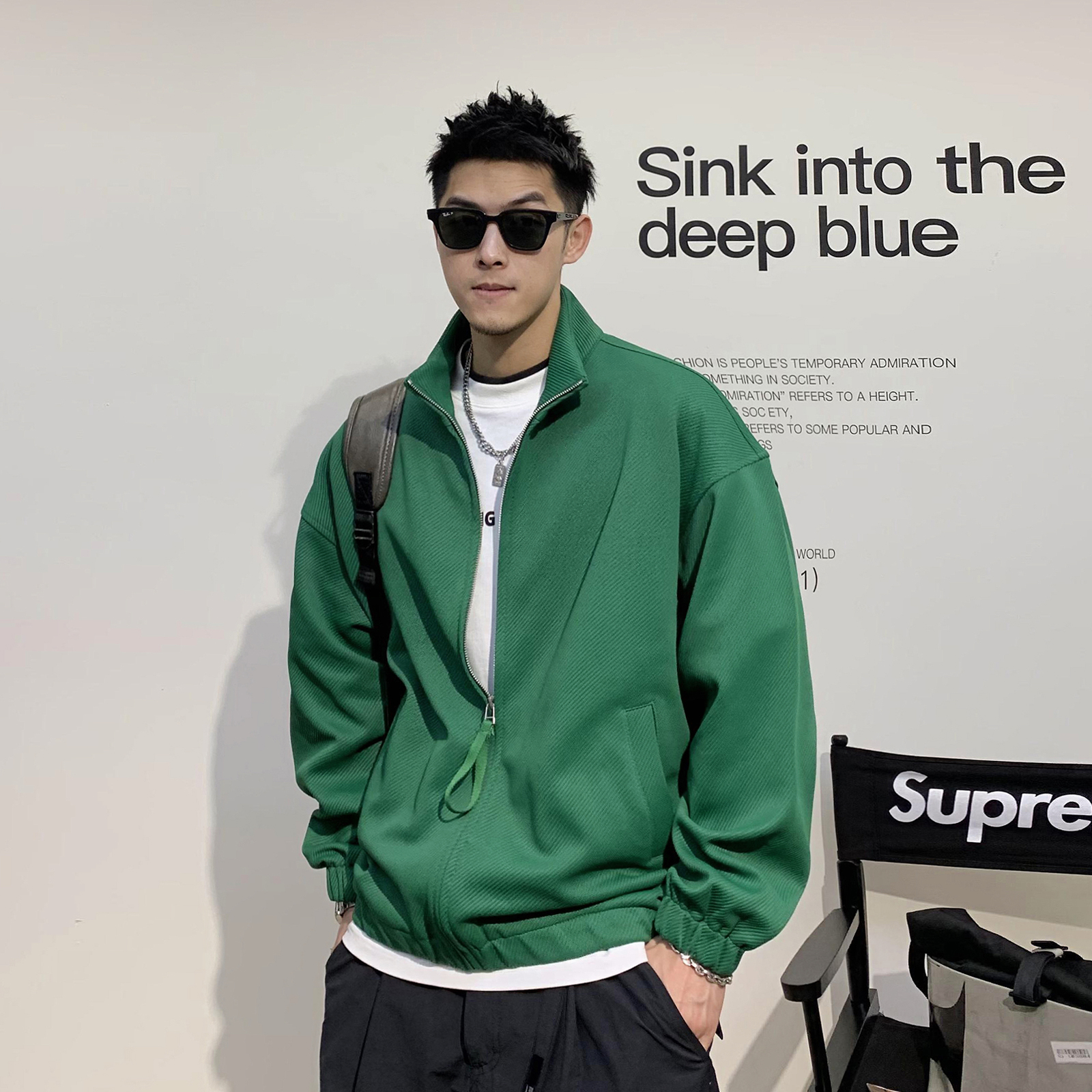 徐太浪时尚绿色立领教练夹克男春季高级感纯色棒球服日系休闲外套