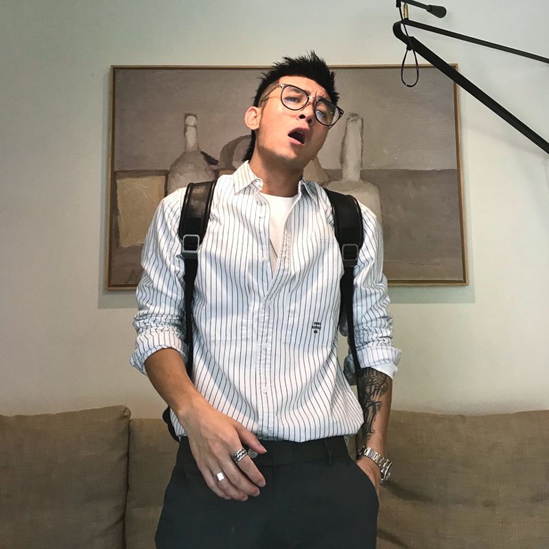 徐太浪韩版潮流帅气潮男长袖衬衫美式工装条纹百搭休闲白衬衣外套
