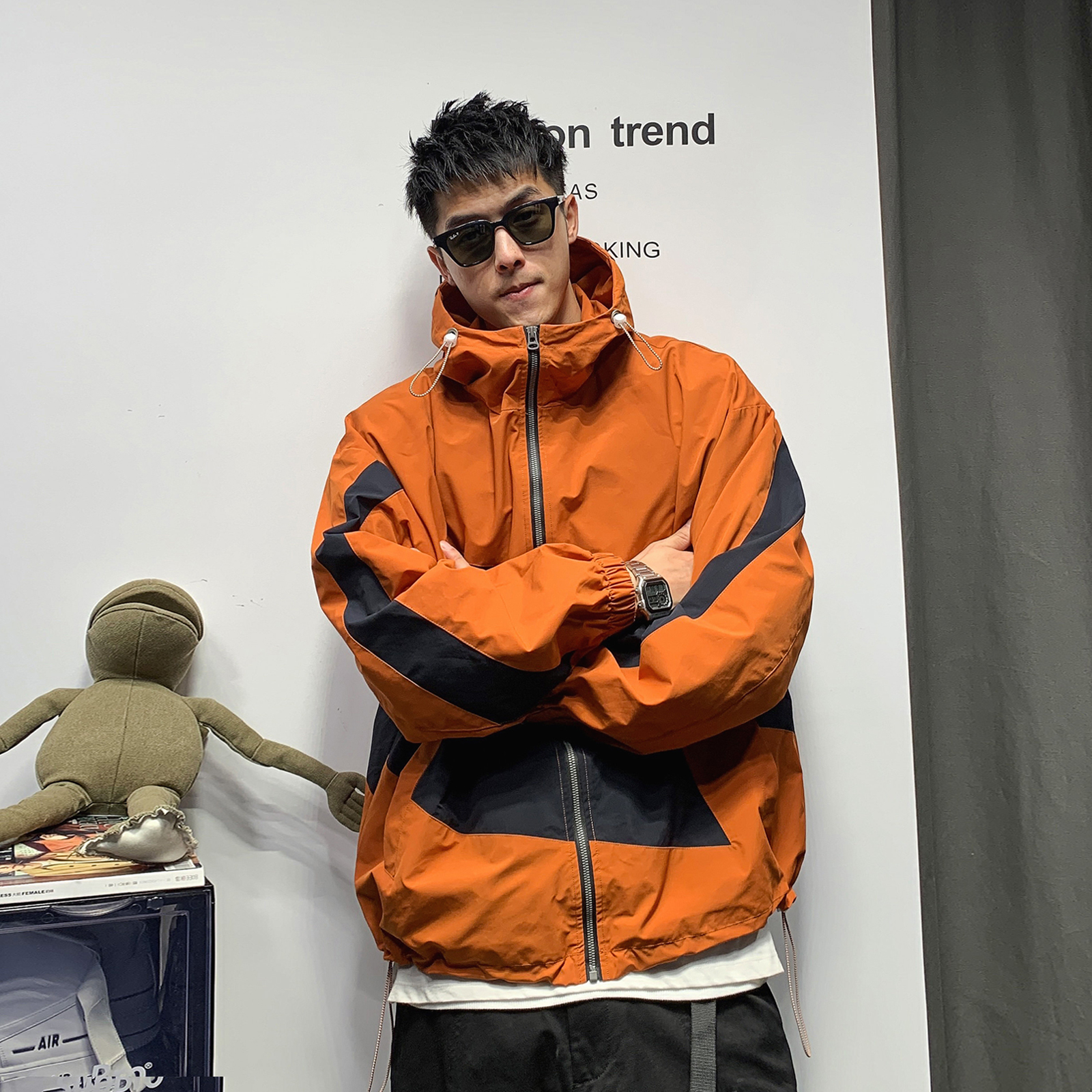 徐太浪美式拼色冲锋衣夹克男春秋潮牌痞帅高街原宿风连帽工装外套