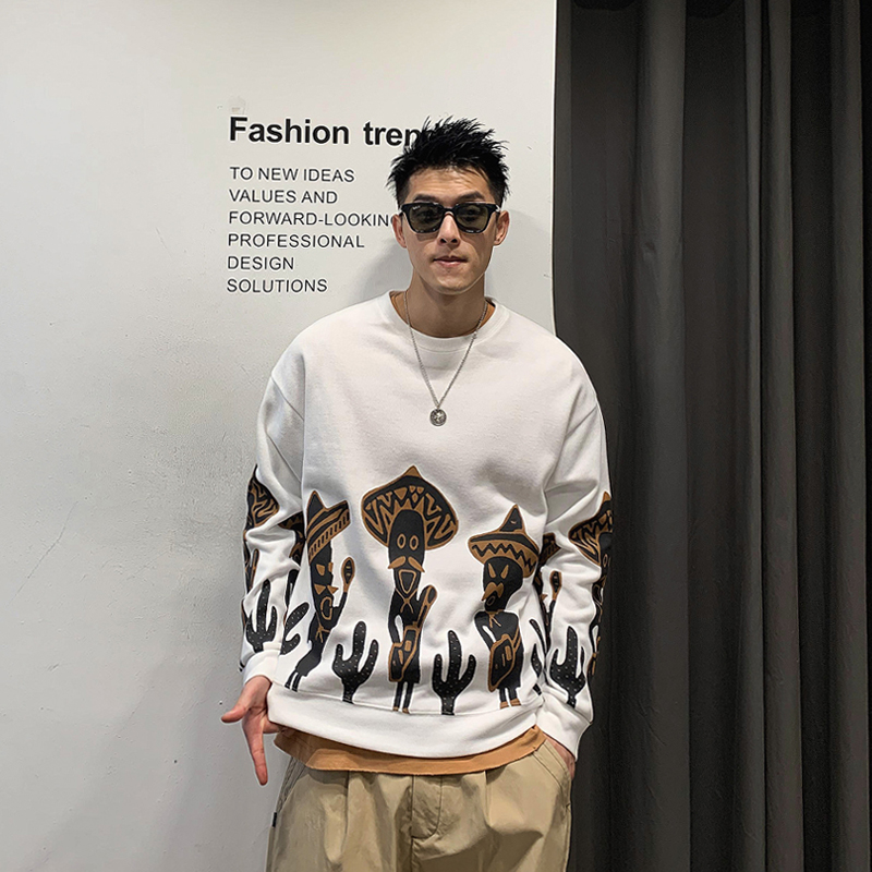 徐太浪人物印花圆领长袖卫衣男士秋季新款套头打底衫美式休闲上衣