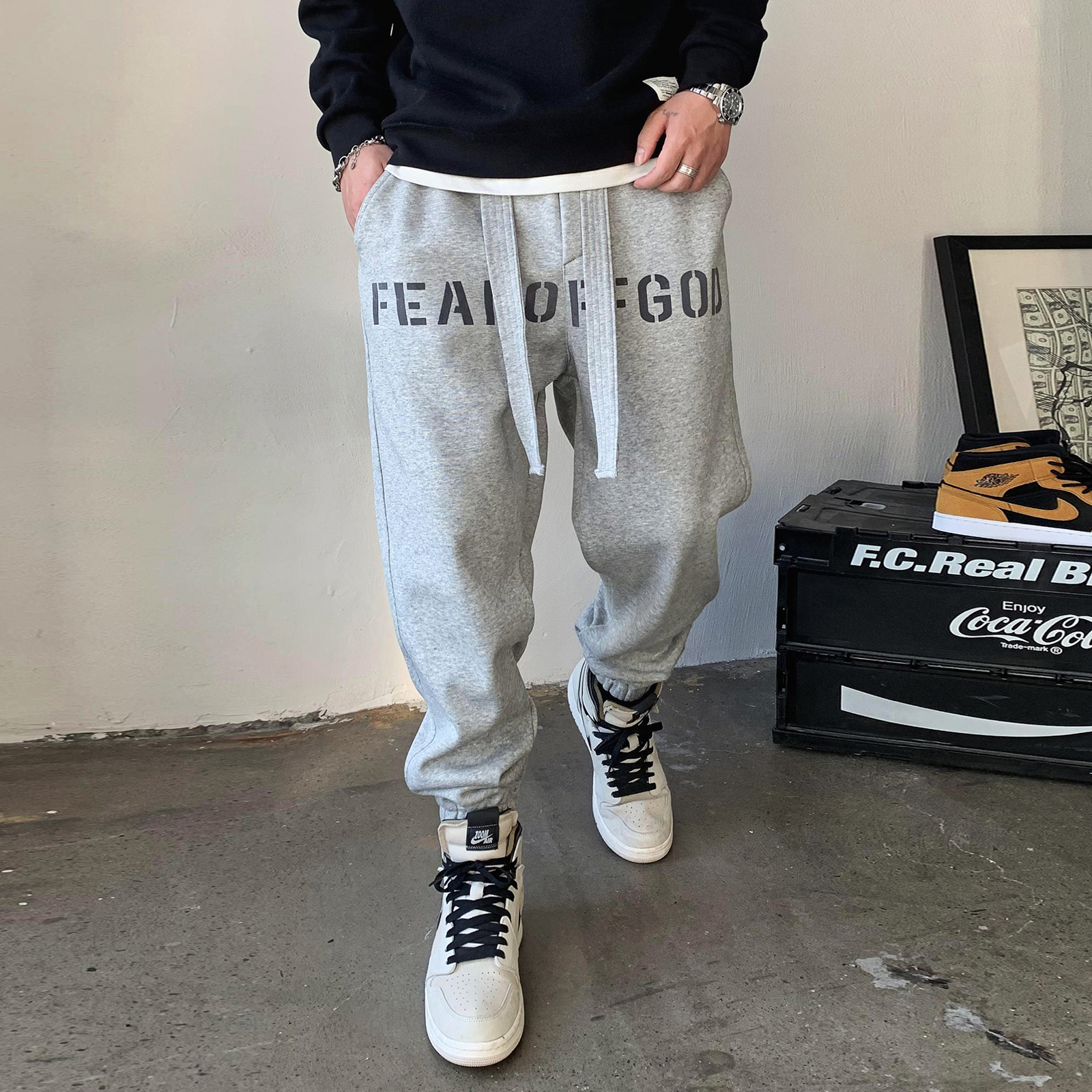 徐太浪灰色运动抽绳卫裤男2022新款美式复古休闲潮流百搭高街裤子