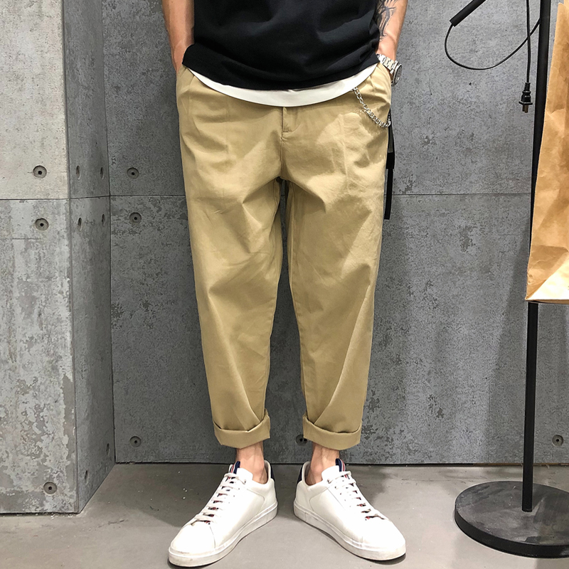 徐太浪春秋男士简约休闲九分裤潮流铁链挂件装饰哈伦纯色百搭裤子