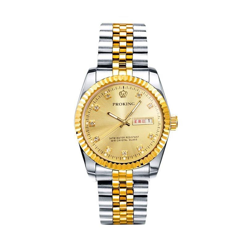 皇冠情侣手表防水男表潮流女表精钢男士双日历钢带腕表商务石英表