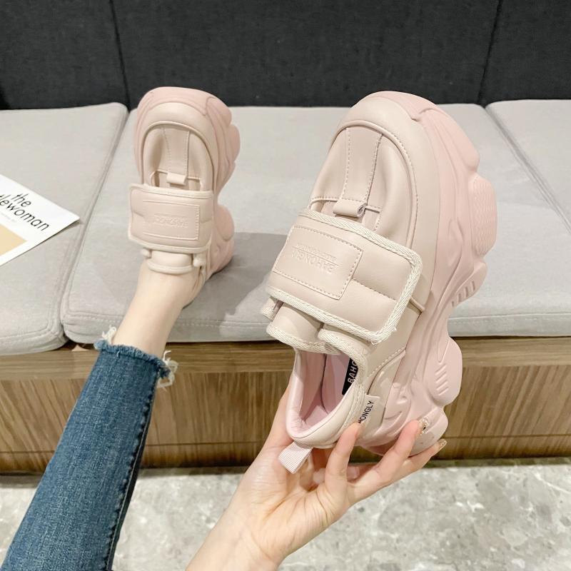 厚底松糕鞋增高老爹鞋女2023年春季新款真皮魔术贴圆头女鞋休闲鞋