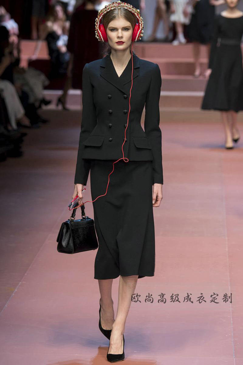 高级西装定制走秀大气职业时尚通勤黑色双排职业女裙套装