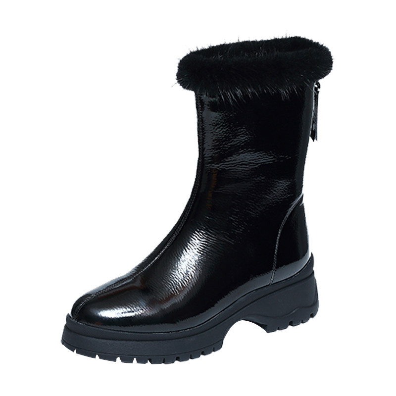 漆皮雪地靴女真皮平底中筒加绒2019冬季新款棉鞋女冬靴子厚底短靴