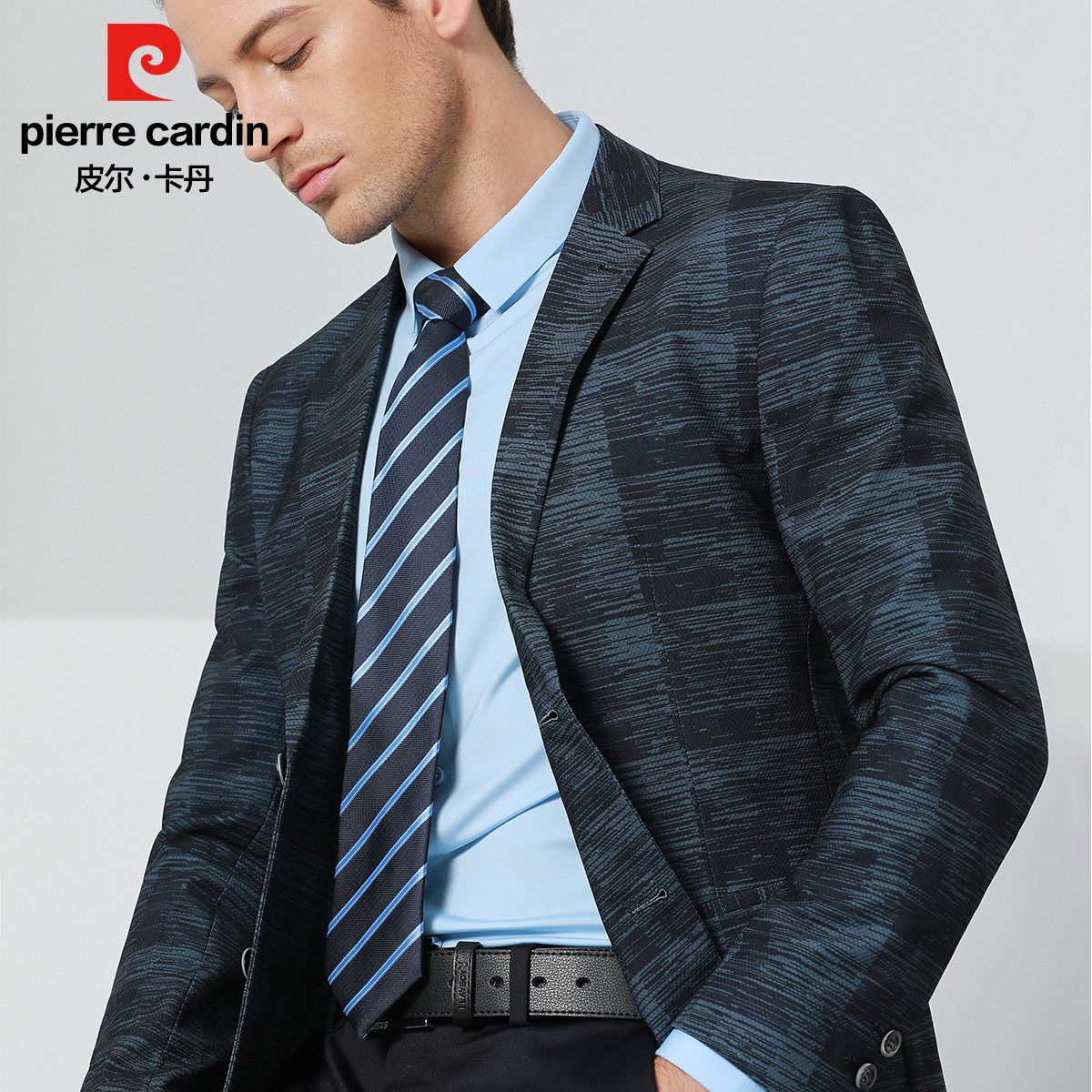 薄款皮尔卡丹针织西服蓝色色格时尚晕染休闲中年西服