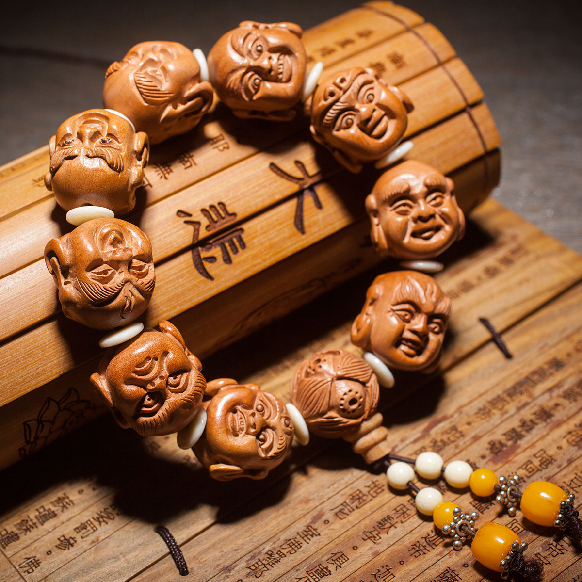 富美达桃木十八罗汉佛珠手链男木佛珠手串念珠手工双面精雕