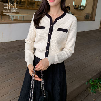 Bailuoan Fashionable Color Block Knitted Sweater Cardigan Women's Top Spring French-Neck V-Neck Small Fragrance Style Short Sweater Jacket