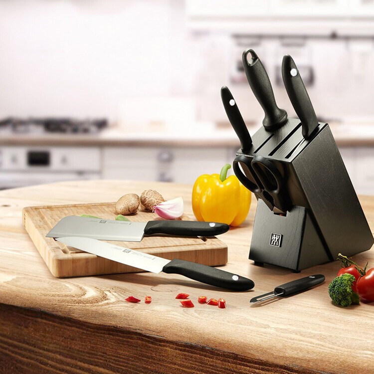飞鱼秀旗舰店 德国双立人不锈钢刀具5件套装多用刀黑刀架全套菜刀