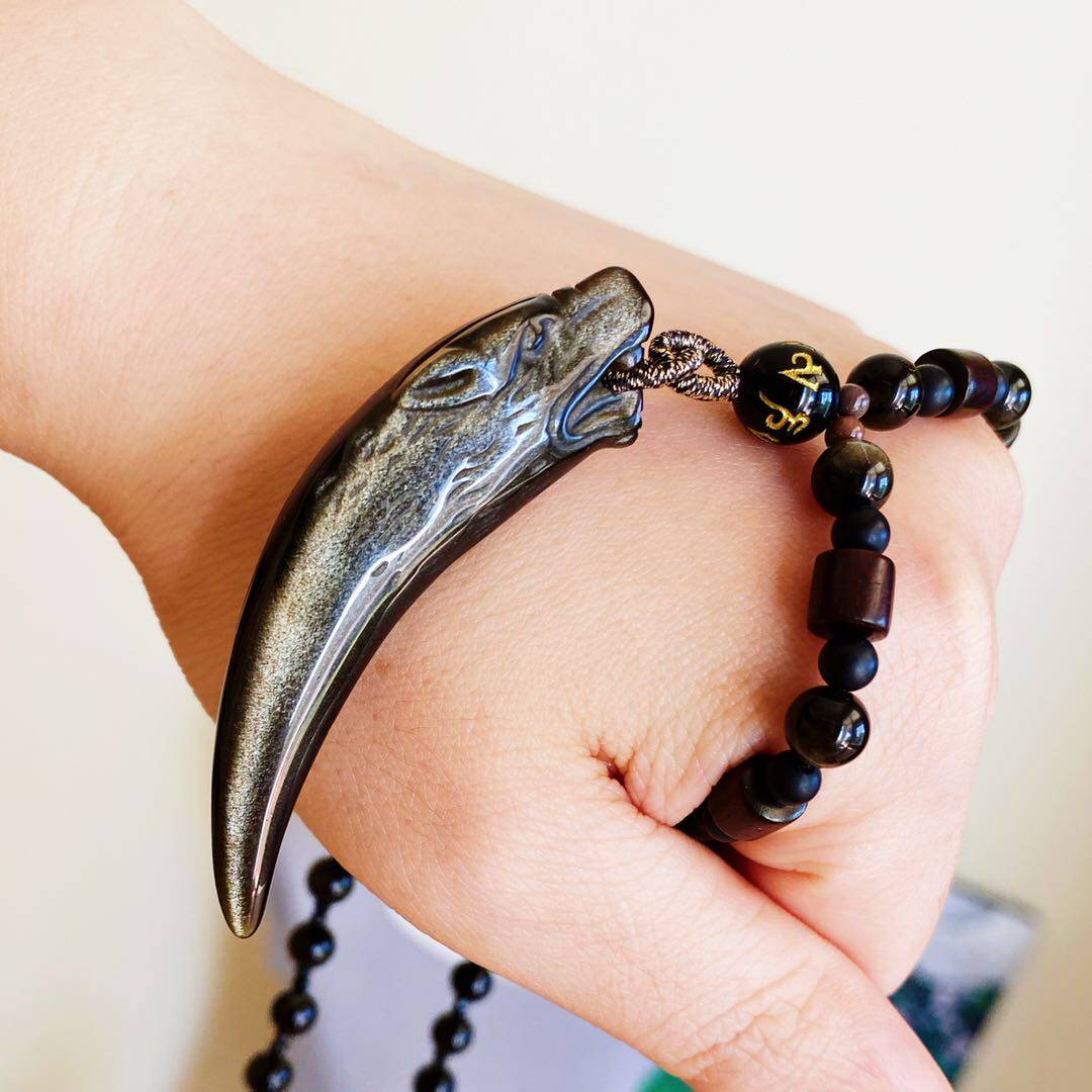 天然金曜石狼牙吊坠长款项链祈福招财太岁本命年项链