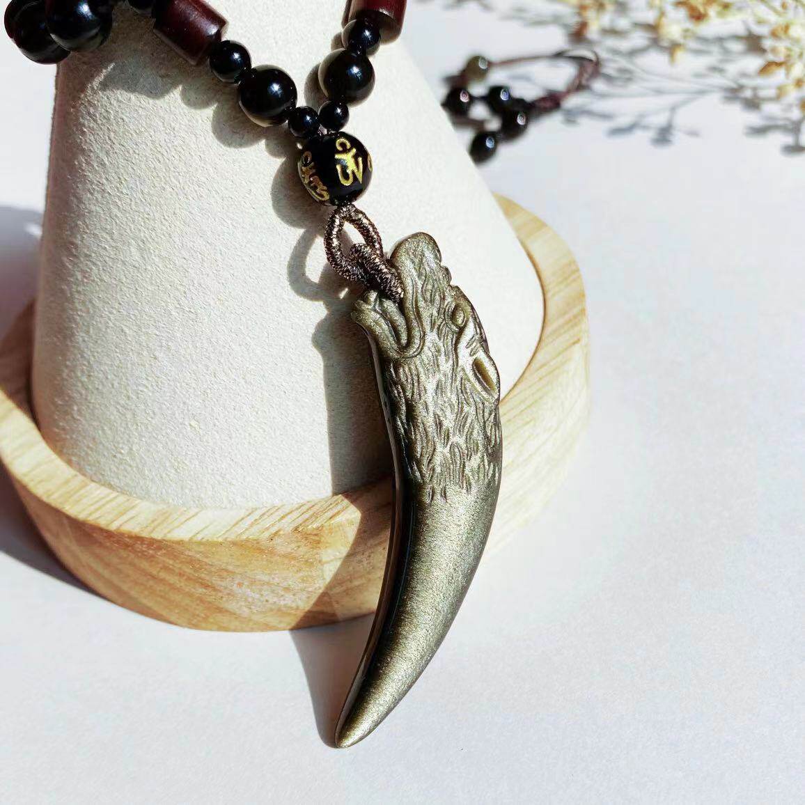 天然金曜石狼牙吊坠长款项链祈福招财太岁本命年项链