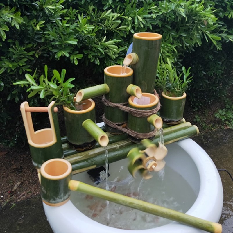 水循环养鱼抽水系统流水客厅竹筒过滤竹制自动摆件