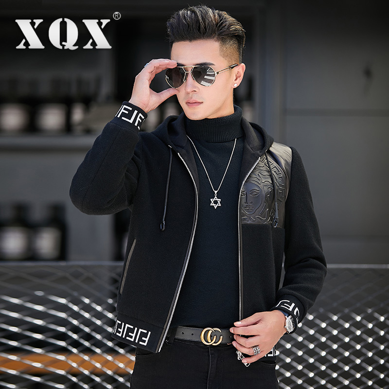 海宁羊毛呢外套男士潮流帅气夹克连帽羊绒呢子大衣绵羊皮休闲皮衣