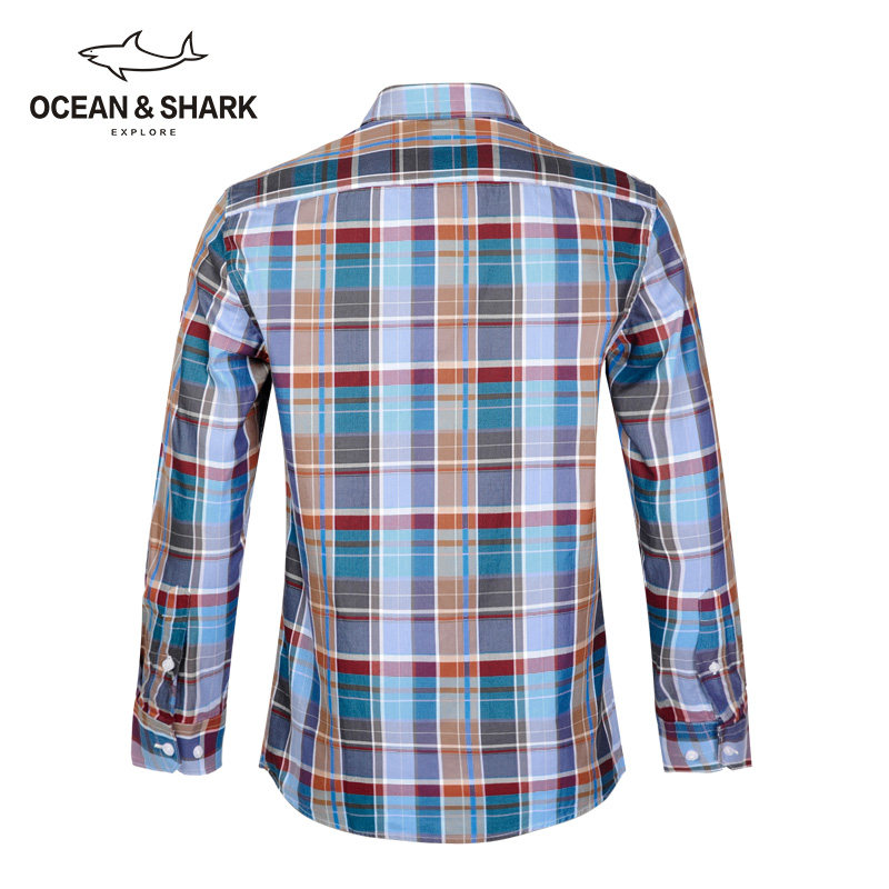 古老鲨鱼男装秋款全棉撞色刺绣格子衬衫长袖大码衬衫