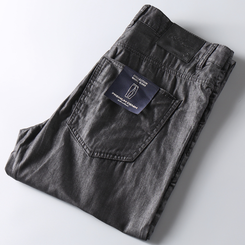 经典黑色水洗超薄牛仔裤男夏季天丝莱赛尔纤维男士宽松直筒长裤子