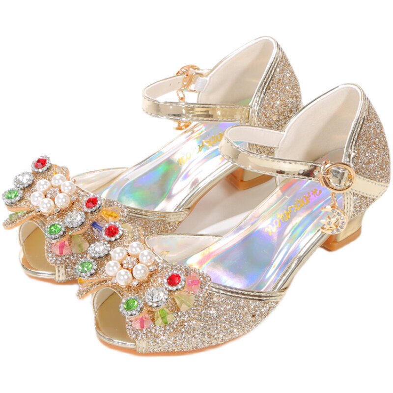 女童夏季时尚水晶蝴蝶金银蓝紫色公主鱼凉鞋儿童凉鞋