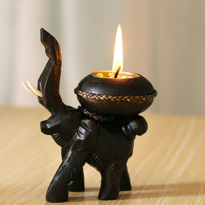 泰国大象香薰蜡烛台座摆件复古烛光晚餐木质烛台