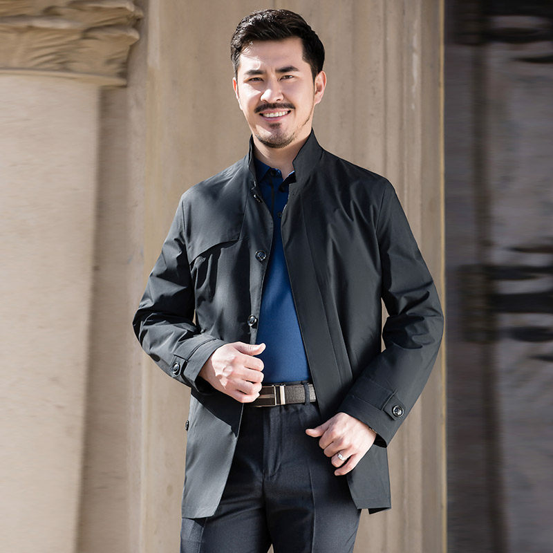 红都风衣男中长款中年春季新款商务休闲立领中年男装外套