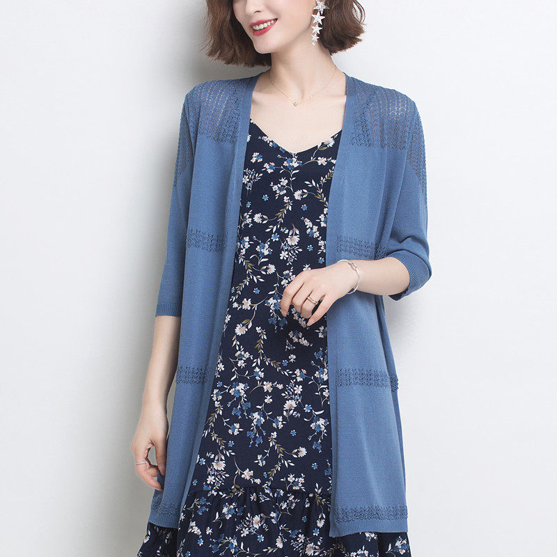 妈妈夏装冰丝针织开衫女中长款外搭上上衣中老年中老年女装