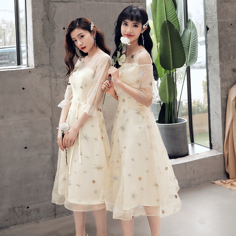 伴娘服2019新款秋季香槟色仙气质简单大方姐妹团礼服闺蜜装伴娘裙