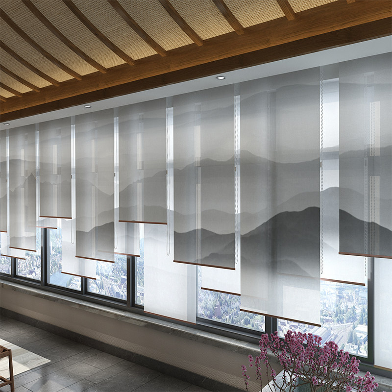 现代中式卷帘玄关挂式屏风隔断落地窗帘帘子卷帘