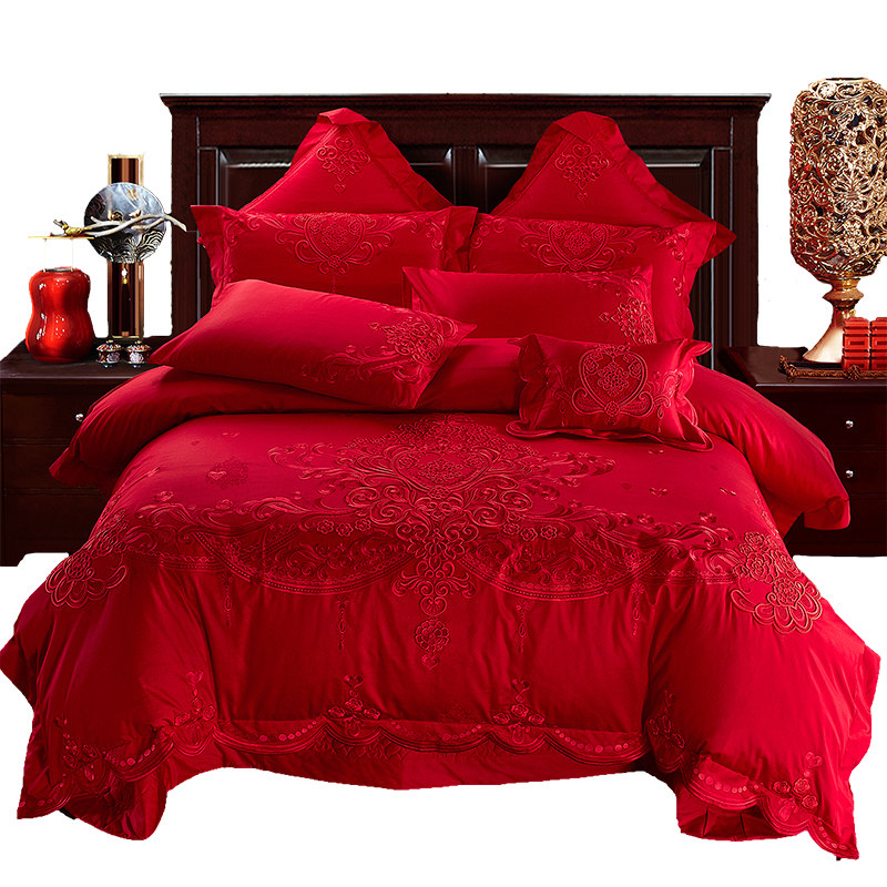 全棉婚庆四六六十件套新婚床上用品纯大红色被套婚庆床品套件