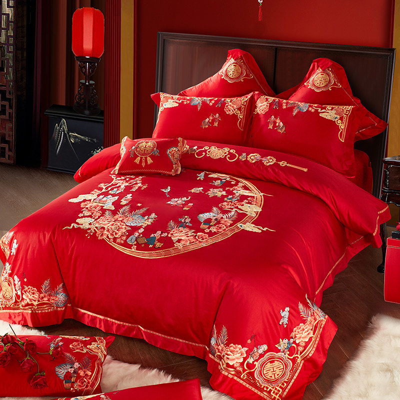 100支纯棉全棉百子图婚房结婚被子喜被婚庆四件套大红色六十件套