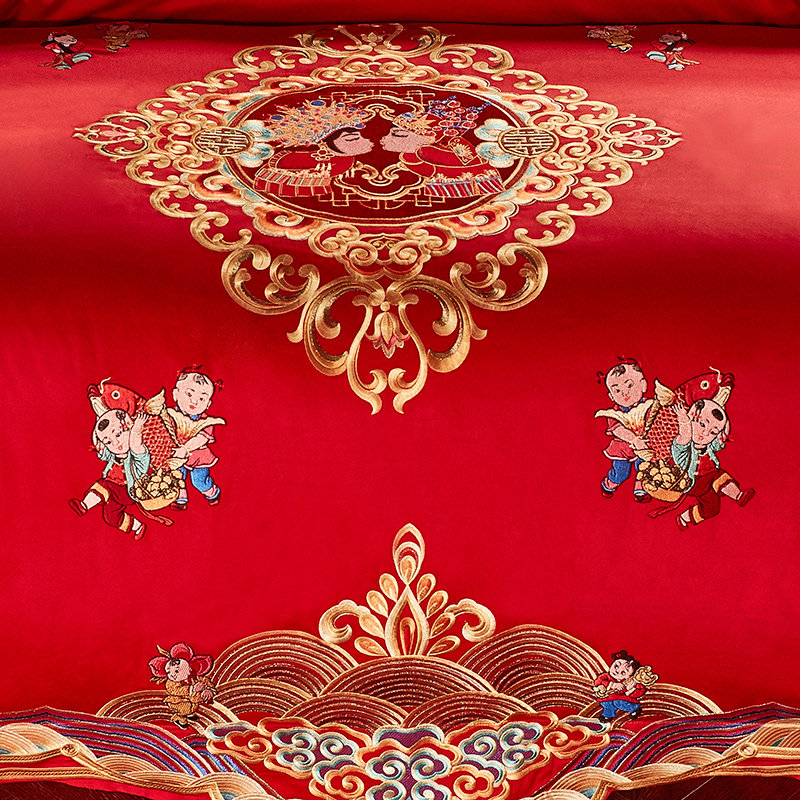百子图婚房结婚被子喜被四件套全棉大红色婚庆床上用品六八十件套