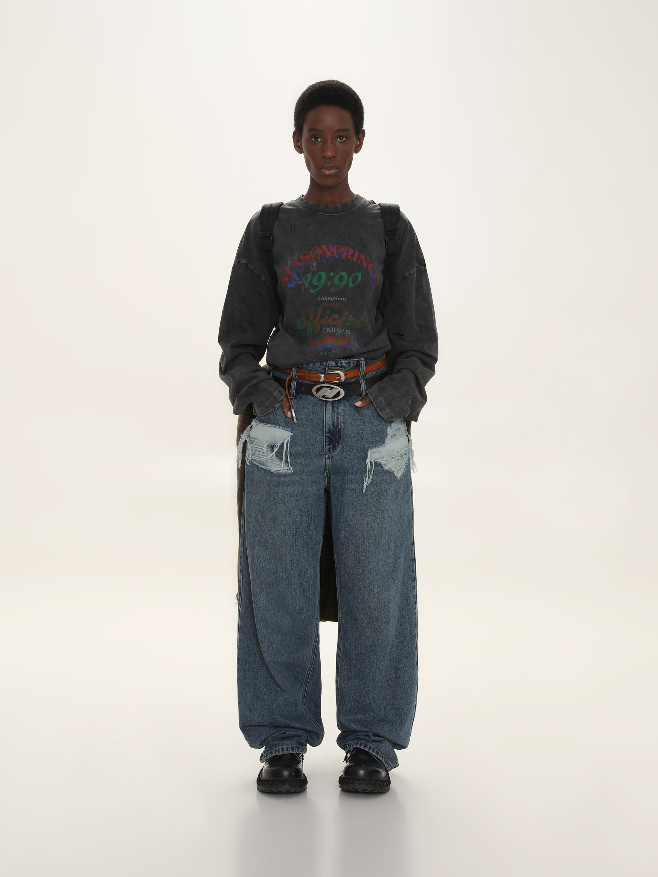 masonprince秋季新款潮牌宽松休闲长袖恤男印花圆领t恤