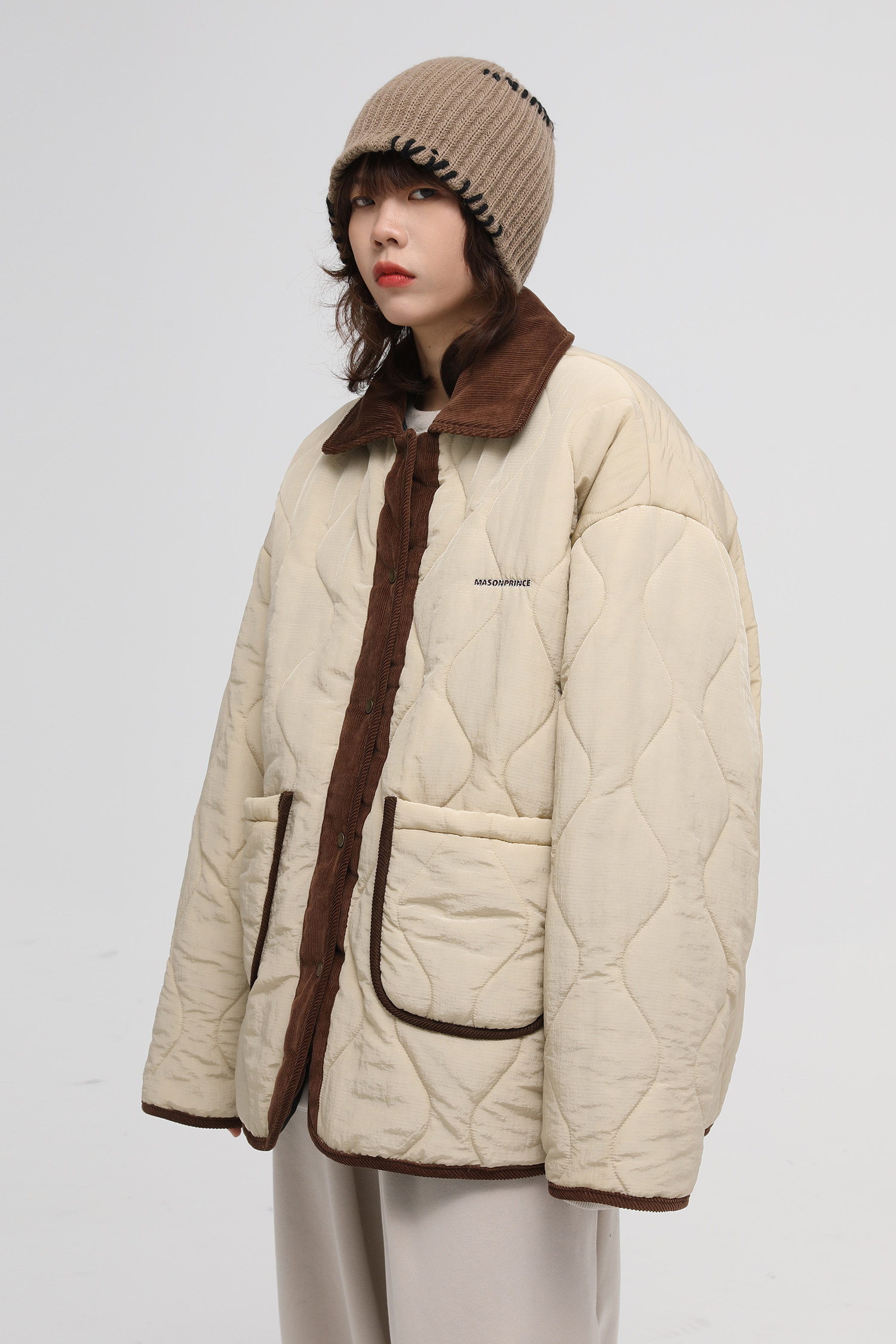 masonprince日系复古美式灯芯绒拼接葫芦夹棉外套冬季棉衣